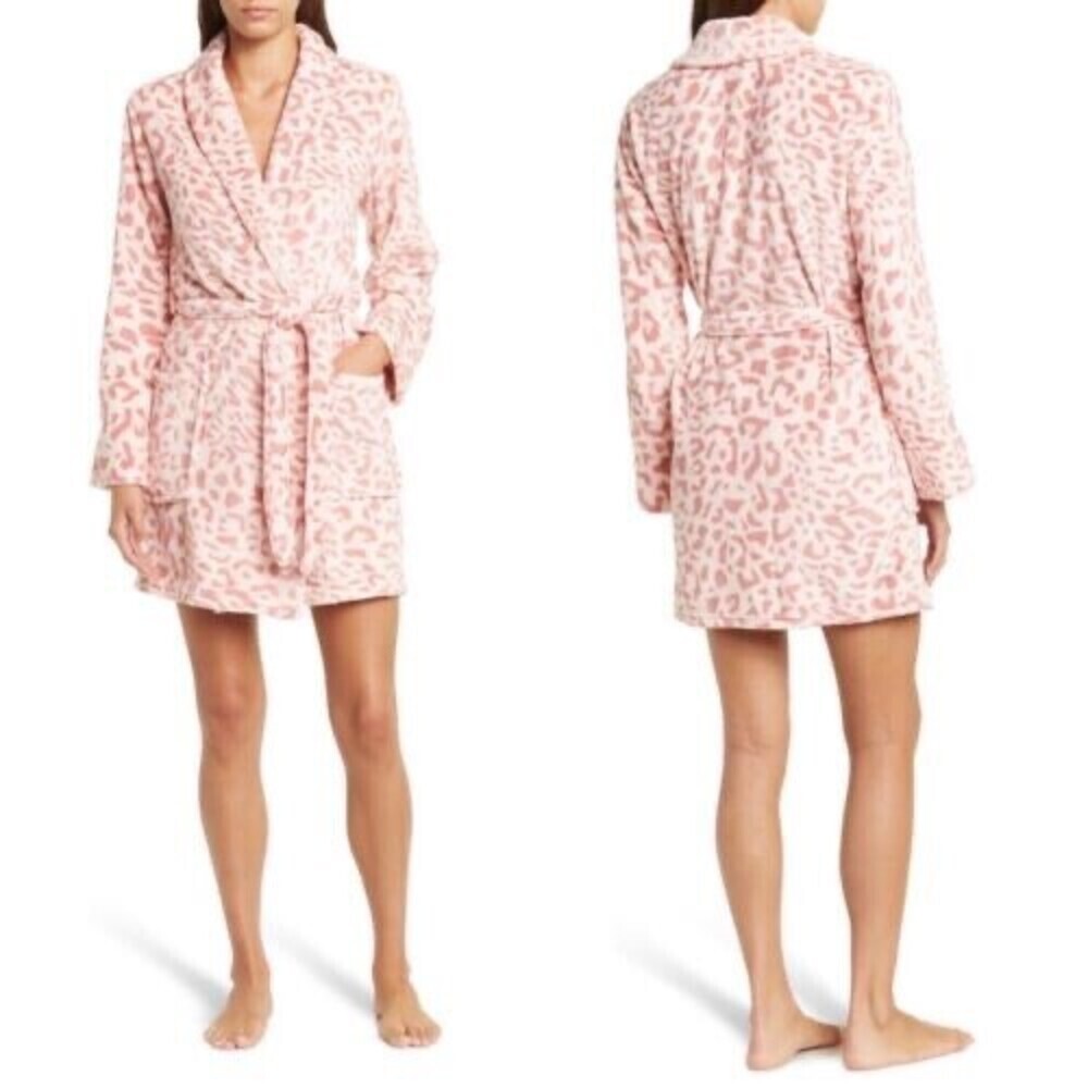PJ Salvage Women’s Ultra Soft Robe Pink Leopard Open Front Short Size M NO BELT
